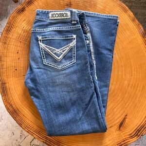 Rock & Roll Cowgirl Low-Rise Bootcut Jeans White Stitching 30 x 32